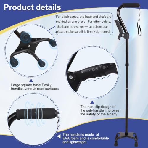Stand Secure Cane with Stand Up Assist Handle for Elderly, 4 Prong Adjustable Walking Canes for Seniors Women and Men, Non-Slip Wide Base, Aluminum Foldable Stand Cane - color: Black