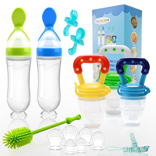 Food Feeder Baby Fruit Feeder Pacifier (3 Pcs) with 6 Different Sized Silicone Pacifiers 2 PCS Silicone Babies Food Dispensing Spoon 90ML with 2 Baby Spoons Bottle Brush Pacifier Clip - color: 01-Multicolor