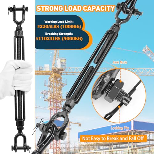 1/2" Cable Turnbuckle, Black Jaw and Jaw Turnbuckles - 2205 lbs WLL - size: 2 Pcs 1/2” x 17.4”