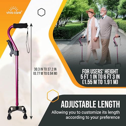 Walking Cane with 4 Prongs and Extra Side Handle – Adjustable, for Balance & Stability for Adults, Seniors, and Injured. - color: Pink