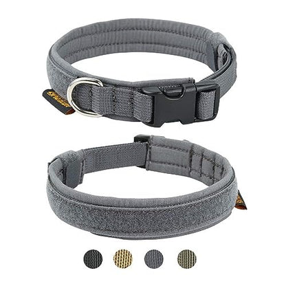 EXCELLENT ELITE SPANKER Military Nylon Small Puppy Dog Collar with Padded | Tactical Adjustable Pet Collar Heavy Duty Quick-Release & Lightweight No-Choke for Small Medium Breeds with Patches - color: Grey, size: S-(13.4"-17.7")