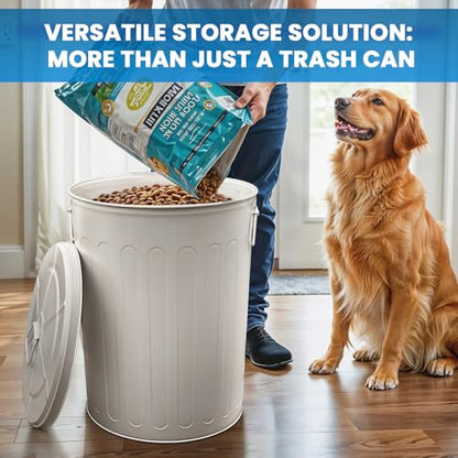 Plexon 20 Gallon Metal Trash Can with Lid Outdoor Large Trash Bin Steel Garbage Can for Garage Patio Farmhouse Bucket Bird Seed Storage Can Heavy Duty Round Container, Off-White - color: Off-White