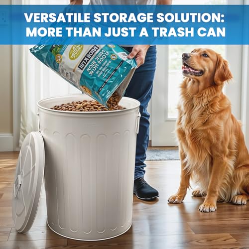 Plexon 20 Gallon Metal Trash Can with Lid Outdoor Large Trash Bin Steel Garbage Can for Garage Patio Farmhouse Bucket Bird Seed Storage Can Heavy Duty Round Container, Off-White - color: Off-White