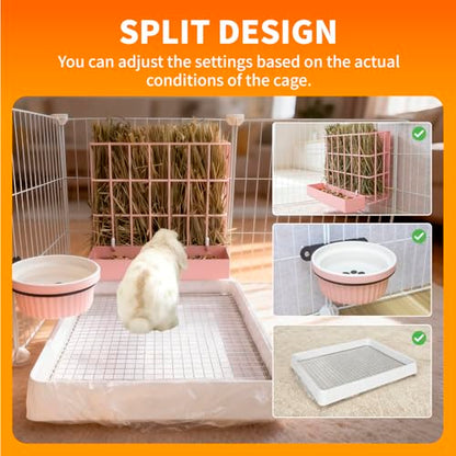 BESNEW 3 in 1 Rabbit Hay Feeder with Litter Box,Upgraded Metal Hay Rack & Litter Tray & Water Bowl,Quick Cleaning,Easy to Install,Bunny Supplies for Rabbit Guinea Pig Chinchilla Small Animals - color: Pink, size: 10in set