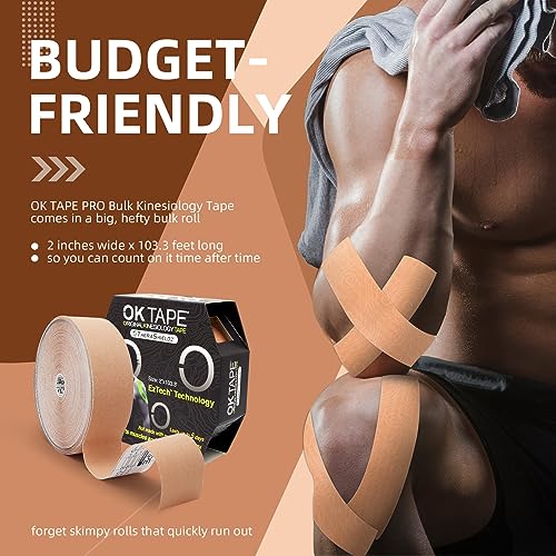 OK TAPE Kinesiology Tape Bulk 103Feet, Pro Adhesive, Water-Resistant k Tape, Elastic Athletic Tape, Latex Free, Uncut, Beige | Elastic Physical Therapy Tape for Pain Relief, Muscle Support, Kinetic Tape, Latex Free, Uncut Roll, Beige - color: Beige