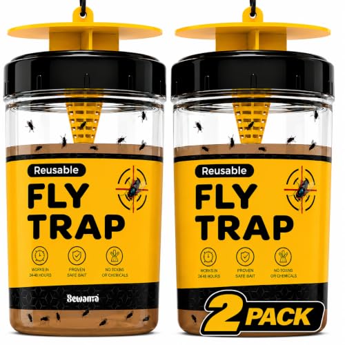 Outdoor Fly Trap [Set of 2] Fly Traps with Dissolvable Non-Toxic Bait - Fly Repellent for Outdoor Use Only - Controls Flies for Patios, Barns, Ranches Etc. Hanging Fly Traps with Tie Included - style: 2 Traps