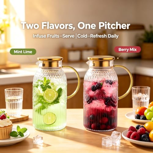 Amzcku Glass Pitcher with Lid 68oz 2L Vintage Water Carafe Beverage 1Pack - size: 68 Ounces (1 Pack)