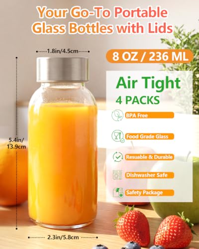 Zukro 8 oz Small Glass Juice Bottles with Stainless Steel Lids Leak Proof - color: silver lid - 4 pack