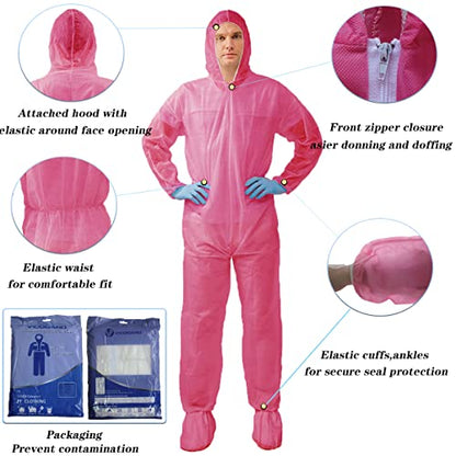 Hazmat Suits,10 Colors Options Disposable Protective Coveralls, Paint Suit with Elastic Wrists Ankles and Hood - color: Pink, size: Large