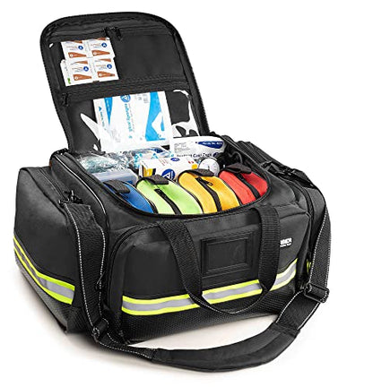 Scherber Fully-Stocked First Responder Professional Advanced EMT/EMS Trauma Kit | HSA/FSA Approved | Reflective Bag w/10+ Compartments, Zippered Pockets & 250+ First Aid Supplies (Black) - color: Black