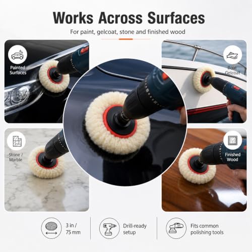 QWORK Wool Polishing Pad Set, 5PCS 3 Inch 75mm Buffing Pads with Hook and Loop Backing Pad & Extension Shank for Drill Polisher, Car Paint Scratch Oxidation Removal