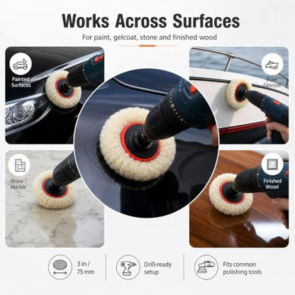 QWORK Wool Polishing Pad Set, 5PCS 3 Inch 75mm Buffing Pads with Hook and Loop Backing Pad & Extension Shank for Drill Polisher, Car Paint Scratch Oxidation Removal