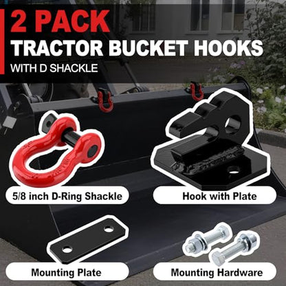 3/8" Tractor Bucket Grab Hook with 5/8" Tie Down D-Ring Shackle | 2-Pack,Bolt-On Tow Hook Mount with Backer Plate,Heavy Duty Carbon Steel,10,000 lbs,Compatible with Tractors,Loaders,Trailers - color: Black & Red