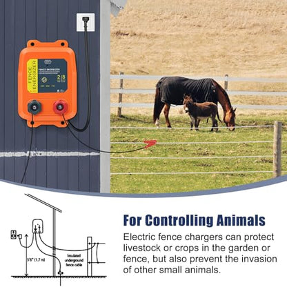 Electric Fence Energizer, 2-Mile/ 8 Acres Plug in Electric Fence Charger, Livestock Fence Charger for Dogs, Raccoons, Livestock, Squirrels, Chicken Coops, Skunks intruding, 0.1 Joule - color: Orange