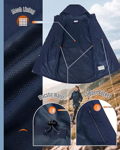 33,000ft Women's Waterproof Rain Jackets Long Rain Coats with Hood - color: Navy Blue, size: Small