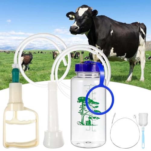 Abaodam Cow Milking Machine Portable Manual Milker Hand Pump for Cattle Sheep and Goats Food Grade Teat Cup Kit with 1000Ml Bottle for Farm and Dairy Use