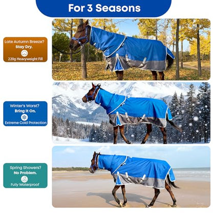 1200D Turnout Horse Blanket with Hood, Medium Weight, Blue/Grey, 81 in - color: Blue/Gray, size: 81 IN