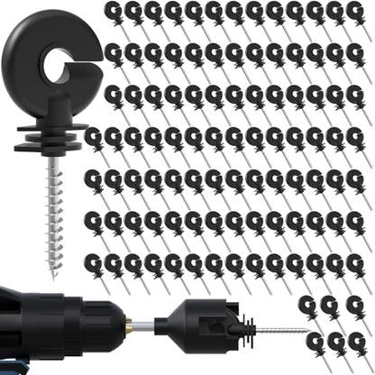 NQN 100 Pcs Black Electric Fence Insulator Screw-in Insulator Fence Ring Post Wood Post Insulator and 1 Pc Free Insulator Socket Tool (Grid System Accessories for Animal Husbandry Electronic)
