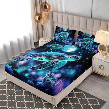 Sea Turtle Kids Bedding Twin Size,1 Fitted Sheet+2 Pillowcases. - color: Blue-a, size: Twin
