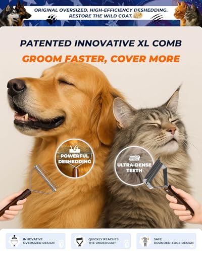 Dog Brush for Shedding 20 Blade Dematting Tool Pet Brush Dual Side, Undercoat Rake for Large Medium Small Dogs and Cats, Shedding Dog Comb for Grooming, Premium Wood Handle - size: L Pro - Walnut