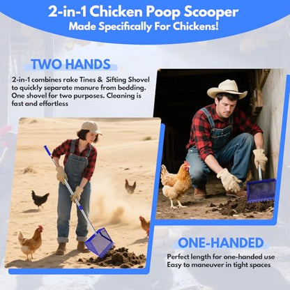Chicken Poop Scooper Rake 2-in-1,304 Stainless Steel Shovel Head, Chicken Litter Scoop with Handle for Chicken Coop for Sand, Pet Waste Cleaning, Litter Sifting Shovel (35 to 65") (Blue, 10inch) - color: Blue