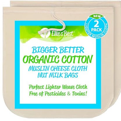 Organic Cotton EZ-2-Squeeze Nut Milk Bags - 2pk -14" x14" Reusable All Purpose Food Strainer Bag- Light Strong Muslin Mesh Cheesecloth - color: New Lightweight Unbleached Muslin Cheesecloth, size: 13 x13 inches