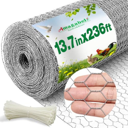 Amagabeli Chicken Wire Fencing 13.7 in x 236 in(20ft) Garden Netting Poultry Wire Hexagonal Galvanized Mesh Roll Fence Barrier for Raised Bed Cattle Panels for Plant Trellis Vegetable Bird Pet Craft - size: 1" 13.7"x20' + 100 Ties