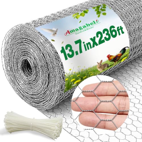 Amagabeli Chicken Wire Fencing 13.7 in x 236 in(20ft) Garden Netting Poultry Wire Hexagonal Galvanized Mesh Roll Fence Barrier for Raised Bed Cattle Panels for Plant Trellis Vegetable Bird Pet Craft - size: 1" 13.7"x20' + 100 Ties