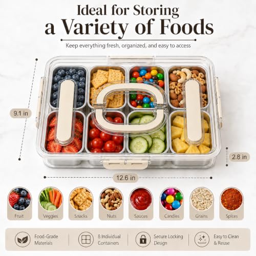 Ankou Snackle Box Container, Stainless Steel Divided Serving Tray with Lid, Handle and Forks - color: 8 pack