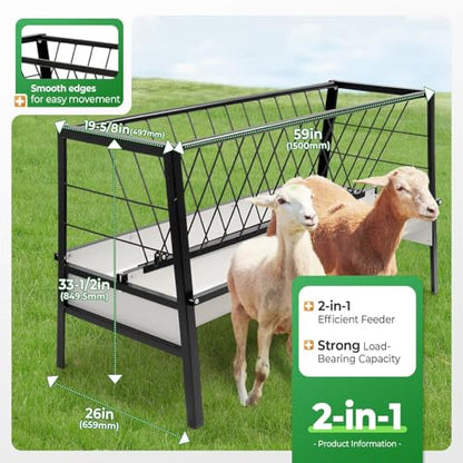 Pasture Hay Feeder 2 in 1 55 Gallon Livestock Feed Trough with 22 - color: Black