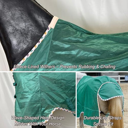 BARN & STABLE Breathable and UV Protective Tear-Resistant Mesh Horse Fly Sheet Comfy Equine Summer Sheet with Removable Web Leg Straps - color: EverGreen, size: 72 in