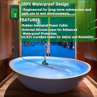 2000W Immersion Water Heater of Above Ground Pool & Baptismal Pool – Portable Fully Submersible Heater with Temp Control & GFCI for Hot Tub, Bucket, Spa, Inflatable Pool, Bucket& Bathtub etc