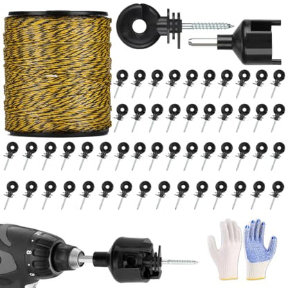 Electric Fence Wire Kit - Upgraded 1312 Feet 9 Strands Electric Fence Polywire with Reliable Conductivity & Rust Resistance - 100 Pcs Electric Fenceing Insulator with 1 Pcs Socket Tool & Gloves - color: 1312FT-KIT