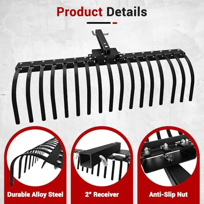 48 Inch Tow Behind Landscape Rake, Black Durable Tractor Rake with 2 Inch Receiver Fit for Lawn Tractor ATV UTV, All Steel Anti-Rust Yard Rake for Pine Needles Leaves Grass Cleanup (48 Inch) - size: 48 Inch