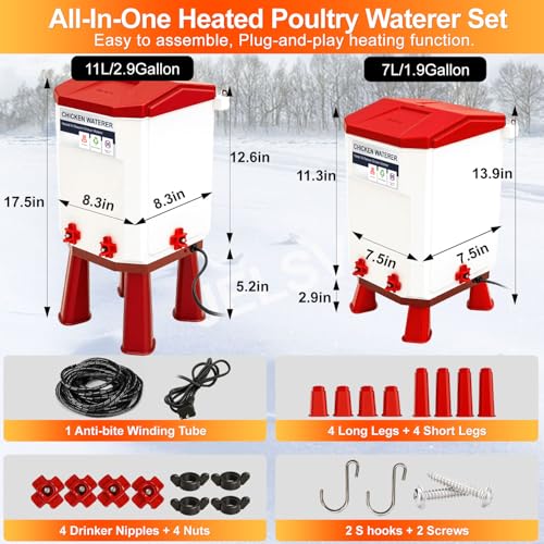 Heated Chicken Waterer, 11L Winter Chicken Water Heater Bucket with 4 Nipple Drinkers, Anti-Freezing, Winter and Summer Dual-use, Automatic Heated Poultry Drinker for Coop (Red) - size: 2.9 Gallon