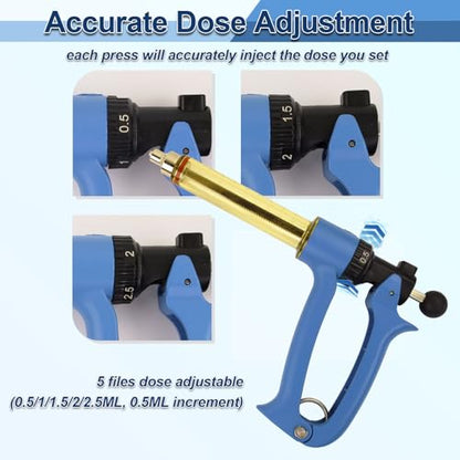 VET.PLUS 25ML Semi Automatic Livestock Syringe with Two Tubes, for Cattle Cow Horse Goat Hog Sheep, 0.5ml to 2.5ml Dose Adjustable Continuous Repeating Luer Lock Veterinary Syringe - size: 2 Tubes (25ML)