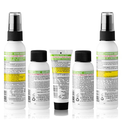 Cowboy Magic Sample Kit – Includes Rosewater Shampoo (2 oz), Rosewater Conditioner (2 oz), Super Bodyshine (3.4 oz), Greenspot Remover (3.4 oz), & Detangler & Shine (1 oz) – Perfect for Travel & Tack