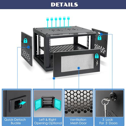 6U Wall Mount Server Cabinet with A Lockable Front Vented Door, Cooling Fans, Removable Side Panels - 60cm Depth, 19" Network Rack Including Full-Size Rack Shelf for IT Equipment - size: 6U/600mm Depth
