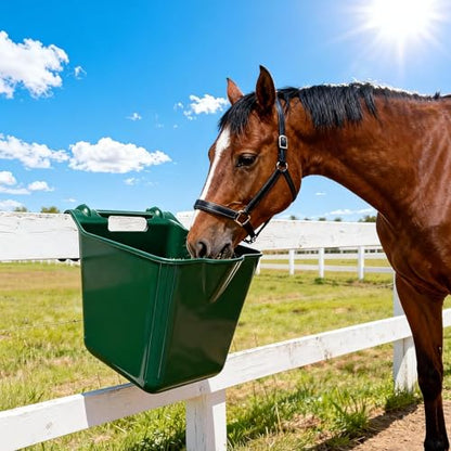 Horse Feed Bucket, 15 Quart Plastic Stall Hook Over, Green 4-Pack