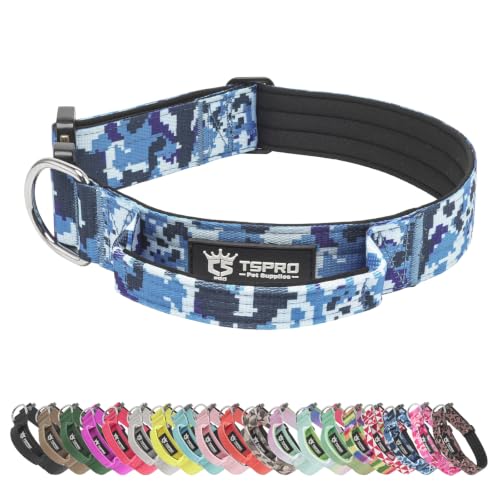 TSPRO Heavy Duty Tactical Dog Collar Quick Release Metal Buckle with Handle | Premium Dog Collar, Military Grade, 1.25 Inch Wide, Soft Padded, Thick, Adjustable for Medium & Large Dogs (Camo Blue, M) - color: Camo Blue, size: M, Handle Style, Neck 14.5"–1