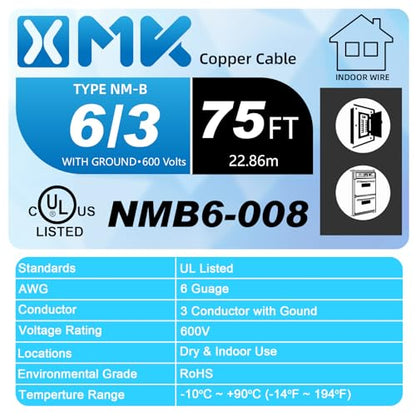 XMK NM-B 6/3 Wire with Ground,75ft 6 Gauge NMB Wire Copper 6AWG 3 Conductor - size: 75ft, style: 6 AWG-3 Conductor w/ Ground