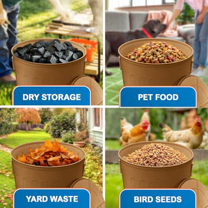 Plexon 20 Gallon Metal Trash Can with Lid Outdoor Large Trash Bin Steel Garbage Can for Garage Patio Farmhouse Bucket Bird Seed Storage Can Heavy Duty Round Container, Brown - color: Brown