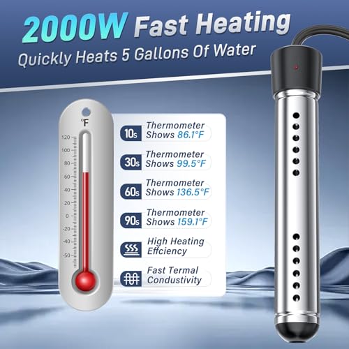 Portable Water Heater Electric, 2000W Immersion Water Heater with LCD Thermometer, Stainless Steel Immersion Heating Rod, Submersible Bucket Heater for Home Camping Bathtub Small Pool Outdoor Use ﻿