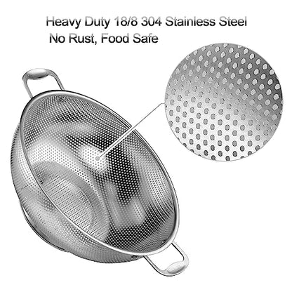 Tiawudi Large 6-Qt Colander, 18/8 Stainless Steel Mesh Strainer for Kitchen, Food Sieve with Riveted Handles and Self-draining Solid Ring Base, Great for Pasta, Rice, Vegetables and Fruits