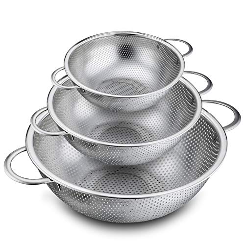 P&P CHEF Colander Set of 3, 1/3/5 Qt, Stainless Steel Colanders Strainers | Metal Micro-Perforated Colanders and Strainers for Draining Rinsing Washing, Ideal for Pasta Fruits, Dishwasher Safe