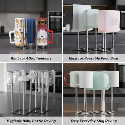 Water Bottle Drying Rack, Cup Drying Rack for Counter, Stainless Steel Tumbler Dryer Stand, Space-Saving Mug & Glass Drying Rack, Heavy-Duty Holder for Cups & Water Bottles (Silver – 7 Pegs) - color: Silver – 7 Pegs