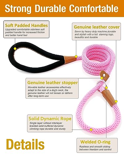 lynxking Dog Leash 1/2in x 5ft Slip Lead Pink and 3/8in x 6ft Slip Lead Reflective Black, 2 Pack