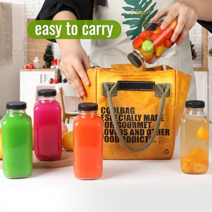Glass Juice Bottles with Lids 16 oz - 6 Pack Reusable Drink Jars Containers with Labels and Brush for Juicing, Water, Milk, Kombucha, Smoothies - size: 16 Ounces