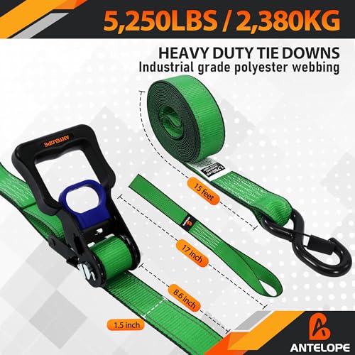 A ANTELOPE 4 Pack 1.5" x 15' Ratchet Tie Down Straps with S Hooks, Green - color: Green, size: 4PK-1.5in