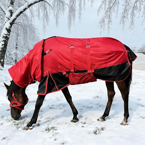 Winter Horse Blanket 1200D,Turnout Blanket Horse Rug with Belly Wrap Horse Coat Equine Blanket Medium Weight with 220G Filling Sheet with Turnout Neck Cover Detachable (Red, 135CM/72inch) - color: Red - Upgraded version, size: US72 in(EU135 cm)
